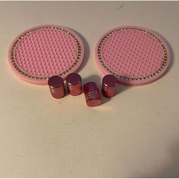 Pink Car Cup Holder Coasters with bling and Valve Stem Caps set of 6 NWT - Picture 1 of 4